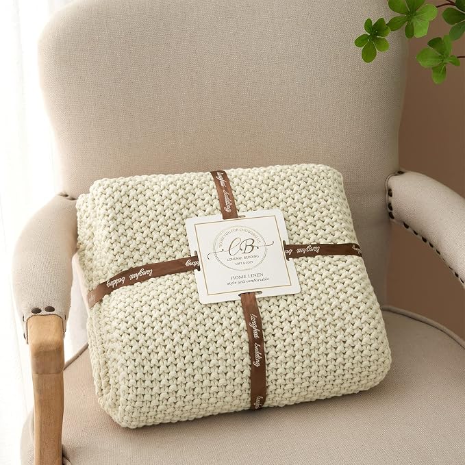 Chunky Cable Knit Throw Blanket Lightweight Cream 100% Organic Cotton Blanket for Sofa Couch Bed Baby Nursery, Rustic Shabby Chic Modern Farmhouse, 60” x 80” Give Laundering Bag