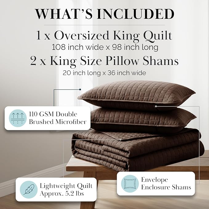 Southshore Fine Living, Inc. Oversized King Quilt Bedding Set, Soft Brushed Microfiber Bedspread, Pet Hair Resistant Bedding, California/King Quilt Coverlet Set with 2 Shams, Chocolate Brown