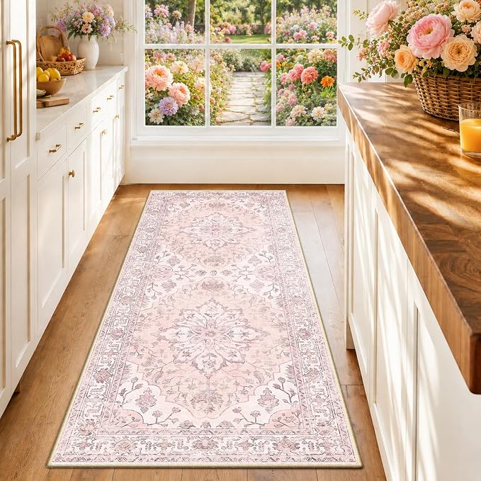 RELEANY Washable Area Rug, Runner 2'x6', Pink | Non-Slip, Water Repellent, Pet Friendly, Easy to Clean, Vintage Floral Boho Decor for Kitchen Entry Bedroom Bedside Laundry
