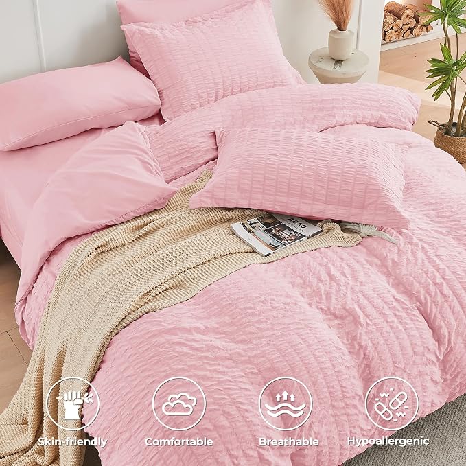 HYMOKEGE Pink Full Size Comforter Sets Seersucker 7 Pieces, All Season Luxury Bed in a Bag for Bedroom, Bedding Set with Comforters, Sheets, Pillowcases & Shams