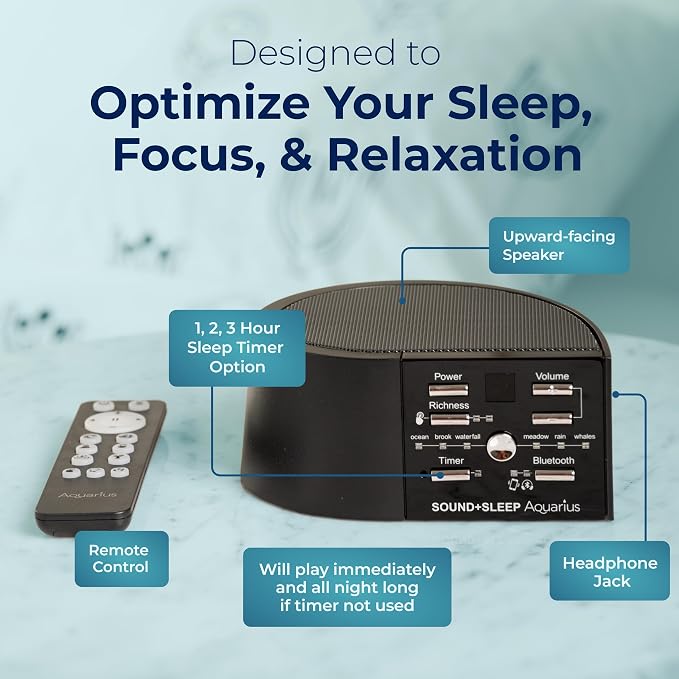 Adaptive Sound Technologies Sound + Sleep Aquarius, Bluetooth, Black | White Noise Machine for Focus Support with a Convenient Sleep Timer, Built-in Headphone Jack, and Precision Volume Settings