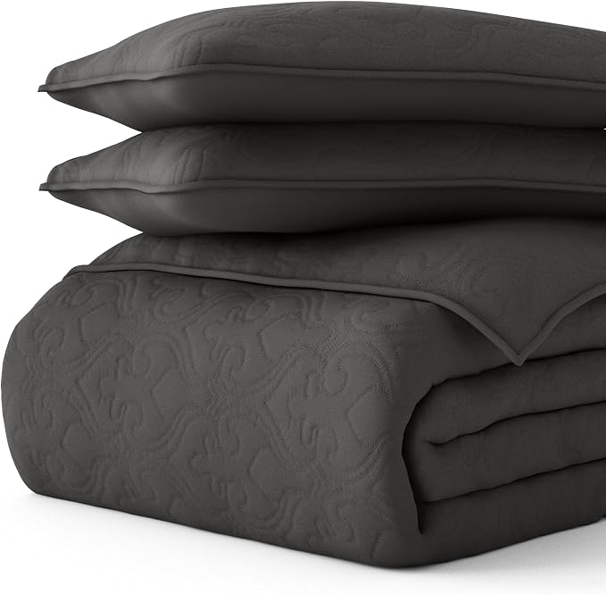 Merit Linens Classic Quilt Coverlet Soft Set in Damask Stitching - Full/Queen Gray