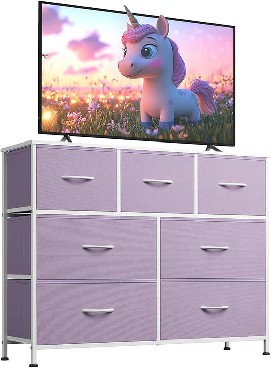WLIVE Dresser for Bedroom, 7 Drawers, TV Stand, Purple | 7 roomy fabric drawers, Fits TVs up to 45 inch, Bedroom or living room, Wide storage design, Chest of drawers