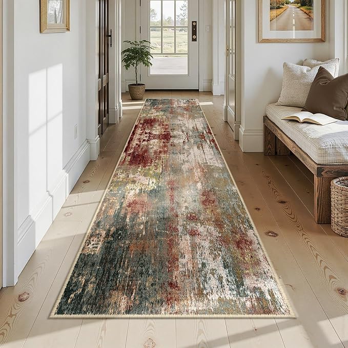 RELEANY Washable Runner 2'6"x14' Abstract Area Rug for Hallway Rustic Brown | Carpet for Kitchen, Entryway, Bathroom, Living Room, Bedroom, Printed Pattern, Non‑Slip, Soft, Stain‑Resistant, Easy to Clean