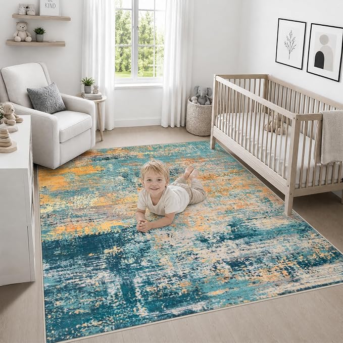 Area Rug Living Room: 6x6 Modern Washable Soft Carpet Rosy Haze | For Bedroom Dining Room Farmhouse Nursery Hallway Office,Modern Abstract,Machine washable,Non-Slip,Stain Resistant,Indoor