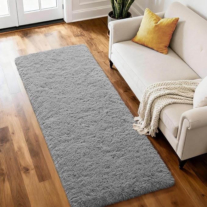 Soft Area Rug Fluffy Rugs for Living Room Bedroom Decor, 2x6 Runner Rugs for Hallway, Shag Furry Bedside Rug Indoor Accent Floor Carpet, Non-Slip Plush Rug for Nursery Kids Room Dorm, Grey