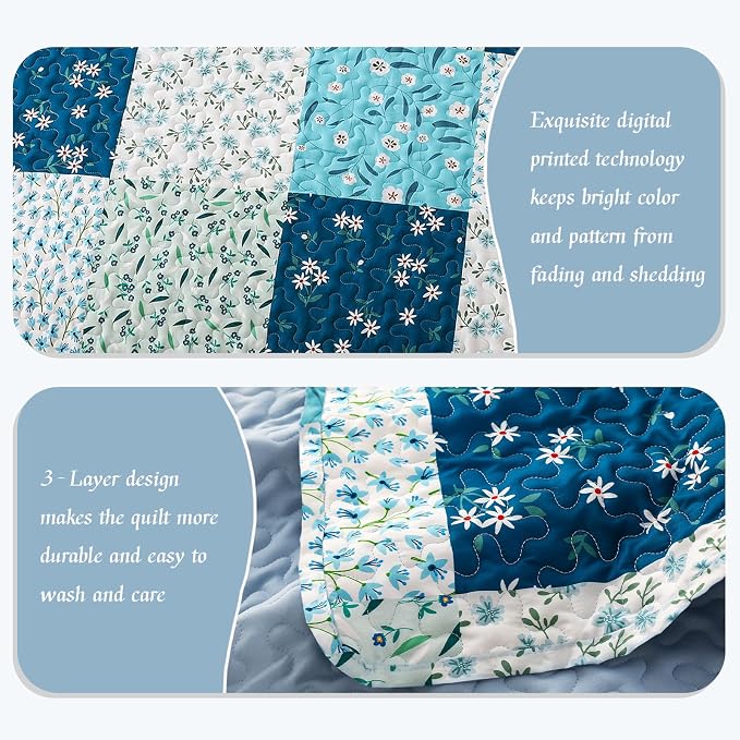 Whale Flotilla Patchwork Quilts Twin Size, Extra Soft Floral Bedspreads | Blue Reversible Lightweight Twin Quilt Bedding Set for Bed, Printed Coverlets with 1 Pillow Sham for All Seasons