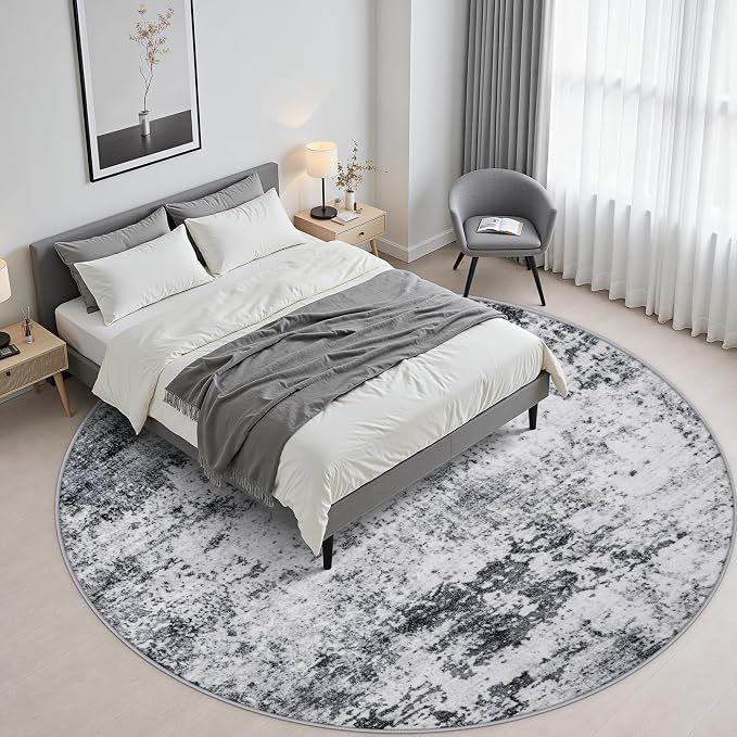 Round Area Rug Living Room: 5 ft Modern Washable Carpet Grey | For Bedroom Dining Room Farmhouse Nursery Hallway Office,Modern Abstract,Machine washable,Non-Slip,Stain Resistant,Indoor