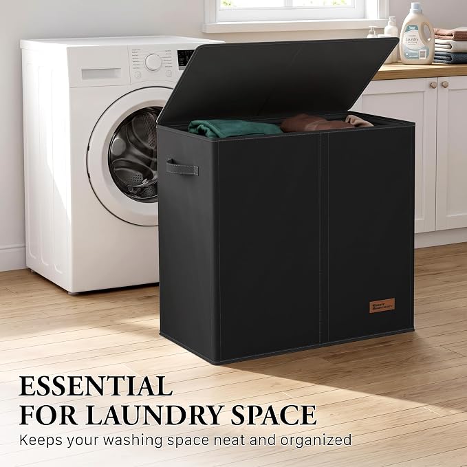 Simple Houseware Double Laundry Hamper with Lid & Removable Bags, Black | Heavy Duty 600D Polyester, Water-Resistant Surface