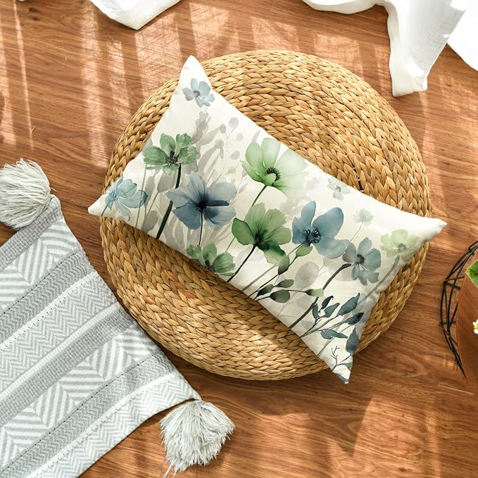AVOIN colorlife Poppy Flowers Chinoiserie Throw Pillow Cover 12x20 Inch | Blue Sage Green Seasonal Leaves Cushion Case Decoration for Sofa Couch Farmhouse