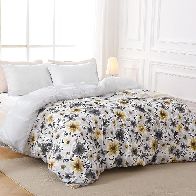 MUXHOMO Duvet Cover Queen Size, Reversible Floral Vintage Duvet Cover Set with Zipper Closure, 3 Pieces Botanical Patterns Soft Microfiber Bedding Set (90"x90", 2 Pillow Cases, Yellow Grey Flower)