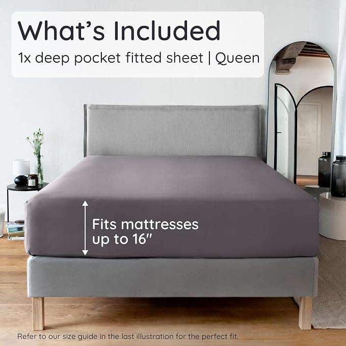Bambaw 100% Viscose Derived from Bamboo Fitted Sheet Only, Soft Fitted Sheet Queen Size, Cooling Fitted Sheet with Straps, Deep Pocket Bottom Queen Fitted Sheet Only Fits Up to 16’’ (Dark Gray)