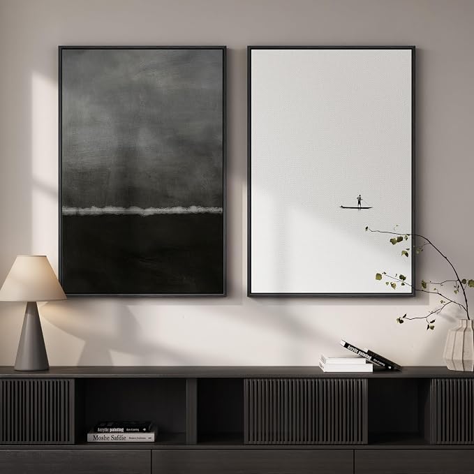 Framed Black and White Abstract Wall Art for Living Room Set of 2, 24x36 In | Seascape, Canvas prints, Black gray tones, Modern paintings, Minimalist pictures, Wood frame, Bedroom, Dining room wall decor