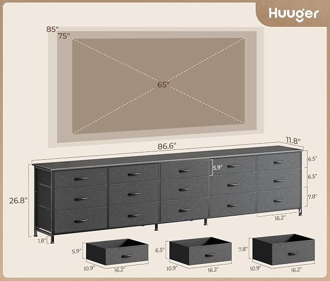 Huuger 86.6 Inch Long Dresser for Bedroom, TV Stand for 65, 75, 85 Inch TV | 15 Large Fabric Drawer Dresser, Entertainment Center for Bedroom, Wide Chest of Drawer with Storage