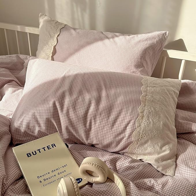 mixinni Purple White Gingham Duvet Cover Queen Size - 3 Piece Cottagecore Plaid Bedding Set with Lace Trim, Soft Washed Microfiber Vintage Aesthetic Grid Comforter Cover & Pillow Shams
