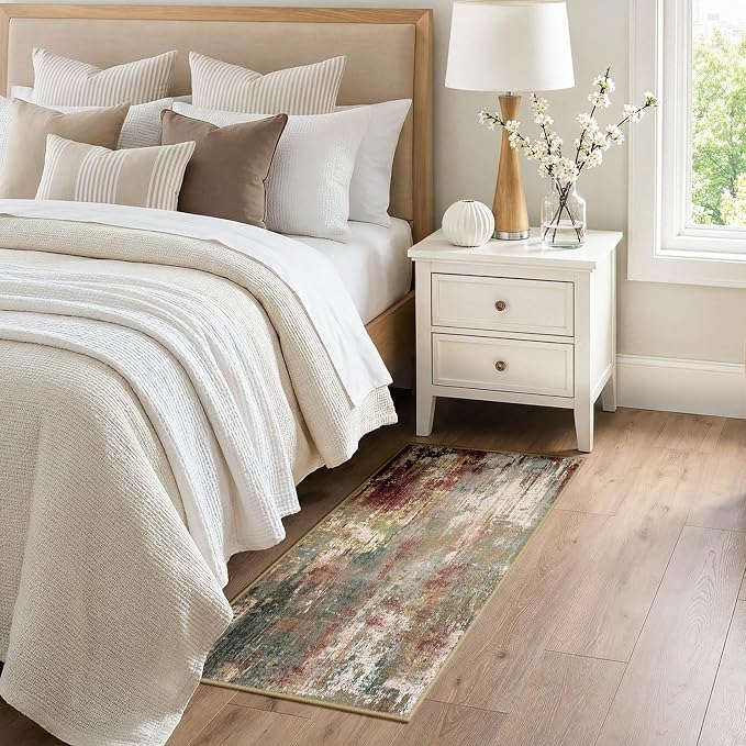 RELEANY Washable 2'x5' Abstract Area Rug for Living Room Rustic Brown | Carpet for Bedroom, Kitchen, Office, Hallway and Entryway, Printed Pattern, Non‑Slip, Soft, Stain‑Resistant, Easy to Clean