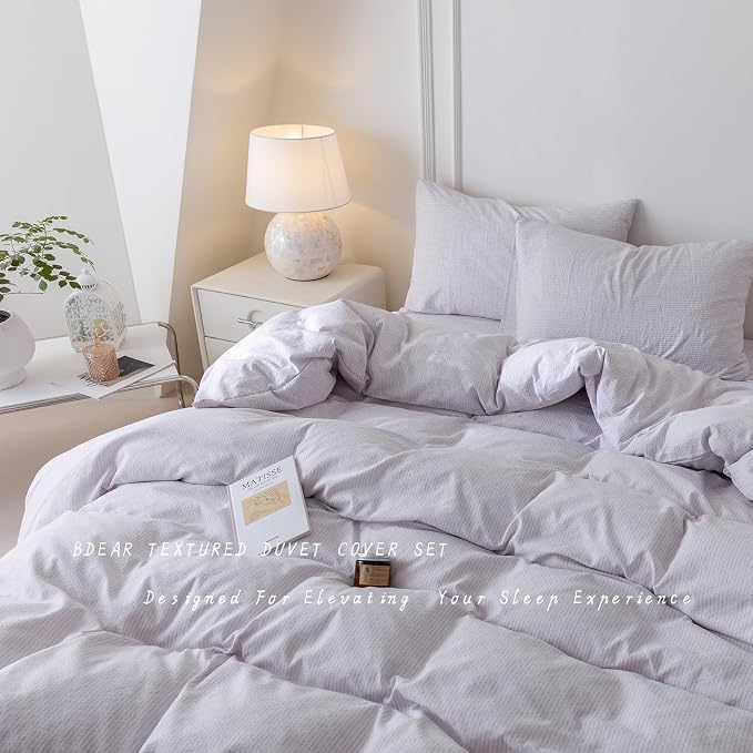 BDEAR 3Pcs Light Purple Pinstriped Duvet Cover Set King Size 104''Wx90''L | Light Weight Design, 1 Duvet Cover with 2 Pillowcases, Zipper Closure, OEKO TEX Standard,8 Corner Ties, Skin Friendly
