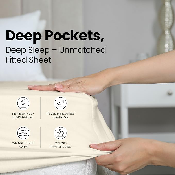 Queen Fitted Sheet, Ultra Soft Fits Up to 16 Inch Deep Pocket, Ivory | Hotel Comfort, Cooling & Breathable Cotton like Polyester, Easy Fit, Wrinkle & Fade Resistant, Snug Fit, Easy Care, Oeko-Tex