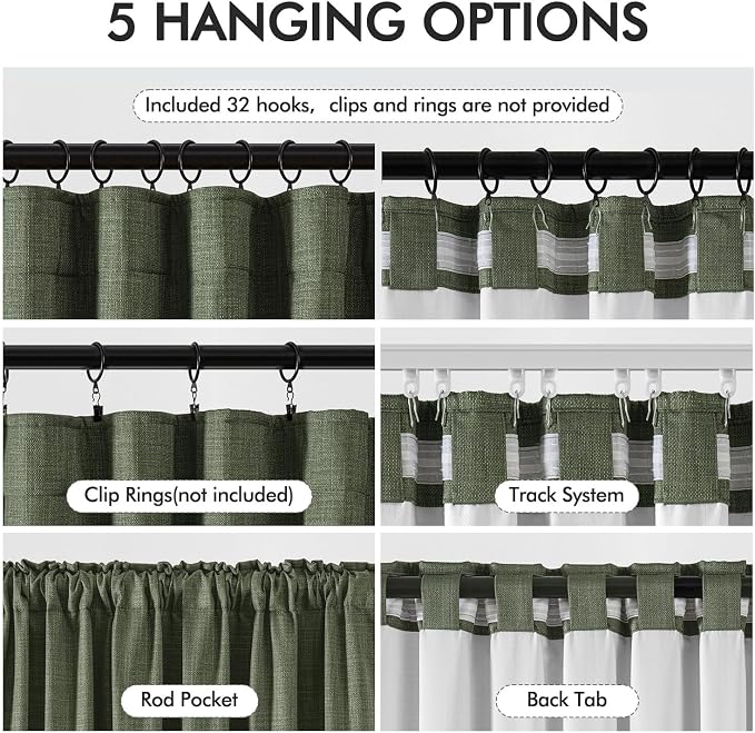 MIULEE 100% Blackout Back Tab Pleat Linen Curtains 50" Wx120 L,Olive Green | 2 Panels,Thick Faux Linen,Textured Drapes,with Hooks,for Bedroom Living Room,Black Out,Room Darkening