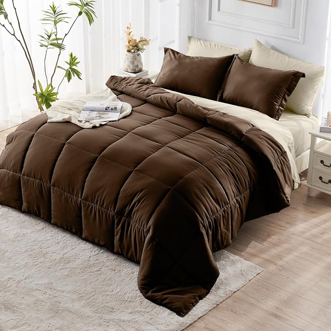 JOLLYVOGUE Oversized King Comforter Set, Ultra-Soft Bed in a Bag 7 Pieces, Oeko-TEX Certified Bedding Set with Down Alternative Comforter, Sheets, Pillowcases & Shams, Brown & Beige