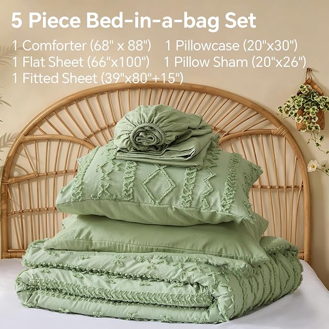 BEDELITE Twin XL Comforter Set 5 Pieces,Boho Bed in a Bag,Sage Green | Tufted Bed Set for All Seasons,Soft Farmhouse-Style Embroidery Bedding,Includes Flat & Fitted Sheets,1 Pillowcase & 1 Sham