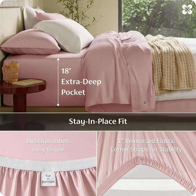 Bedsure PureWoven 100% Viscose Derived from Bamboo, Queen Sheets, 4PCS | Organically Grown, Cooling Bed Sheet for Hot Sleepers, 18" Deep Pocket with Corner Straps, Luxury Silky Soft, Pink