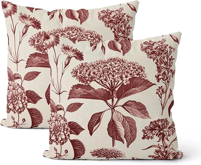 Burgundy Red Pillow Covers 16x16 Inch 2 Pcs Boho Vintage Floral Decor Throw Pillows Hydrangea Flower Seasonal Outdoor Farmhouse Neutral Accent Decoration Pillowcase Linen Cushion Cover for Sofa
