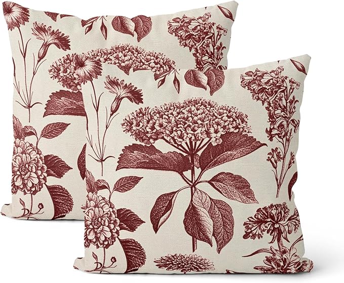 Burgundy Red Pillow Covers 20x20 Inch 2 Pcs Boho Vintage Floral Decor Throw Pillows Hydrangea Flower Seasonal Outdoor Farmhouse Neutral Accent Decoration Pillowcase Linen Cushion Cover for Sofa
