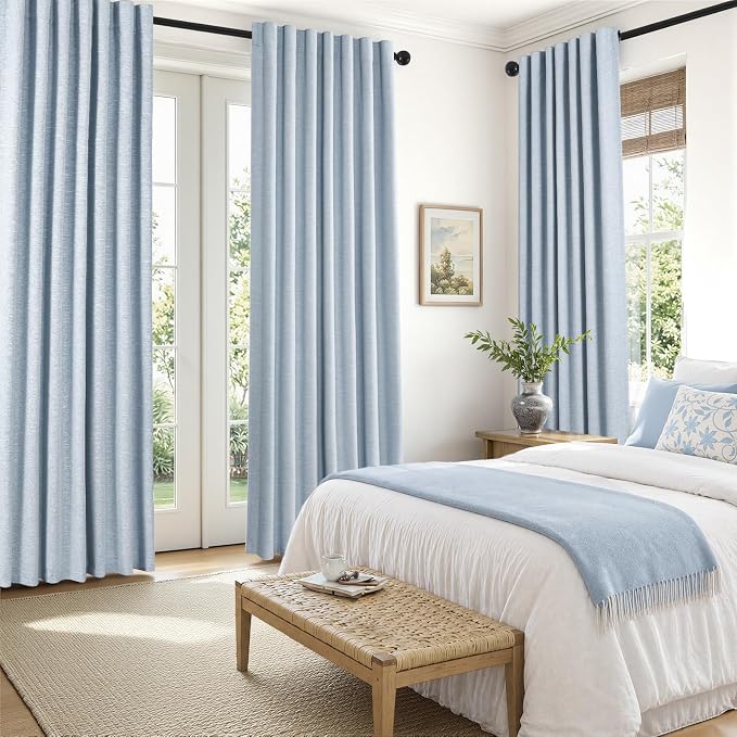 Topfinel Light Blue 120 Inch Blackout Linen Curtains 2 Panel Set for Living Room Darkening Thick Linen Textured 100% Black Out Drapes 120 Inches Long Back Tab Light Blocking Bedroom for Babys Kids