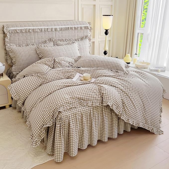 LifeTB Queen Comforter Set Tan Gingham Comforter Ruffle Beige Taupe Plaid Comforter Set 3 Pieces Fluffy Vintage Checkered Grid Bed Comforter with 2 Pillowcases Gingham Bedding Set Queen