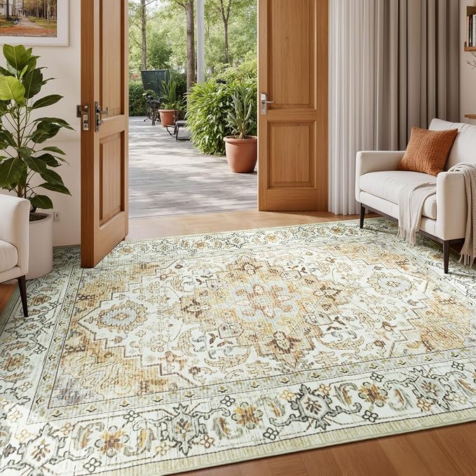 Washable Area Rug 5x7 for Living Room, Soft Bedroom Boho Rugs Beige | Faux-Wool Carpets for Kitchen Dining Room Nursery Home Office, Vintage Floral Non-Slip 0.25in Low Pile Rug, Fit All Vacuums