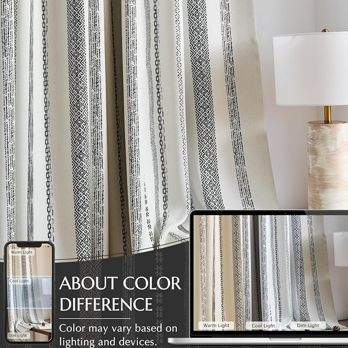 jinchan Boho Blackout Curtains 96 Inches Long for Bedroom Living Room | Black on Beige Geometric Back Tab Farmhouse Curtains Room Darkening Thermal Window Treatments 2 Panels