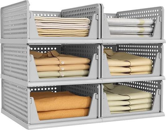 6 Pack Closet Organizer Storage Bins Stackable Plastic Drawer Shelf | Basket for Clothing Stackable Storage Bins Shelf Storage Container for Closet Wardrobe Bedroom Bathroom Office Grey Foldable