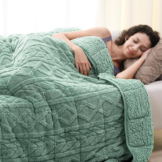 Cottonblue Jacquard Weighted Blanket 15 lbs for Adults Queen Size 60x80in | Ultra Soft Sherpa Fleece Weighted Blankets for Better Sleep Calm Relax, Cozy Warm Sofa Bed Heavy Blanket Throw, Sage Green