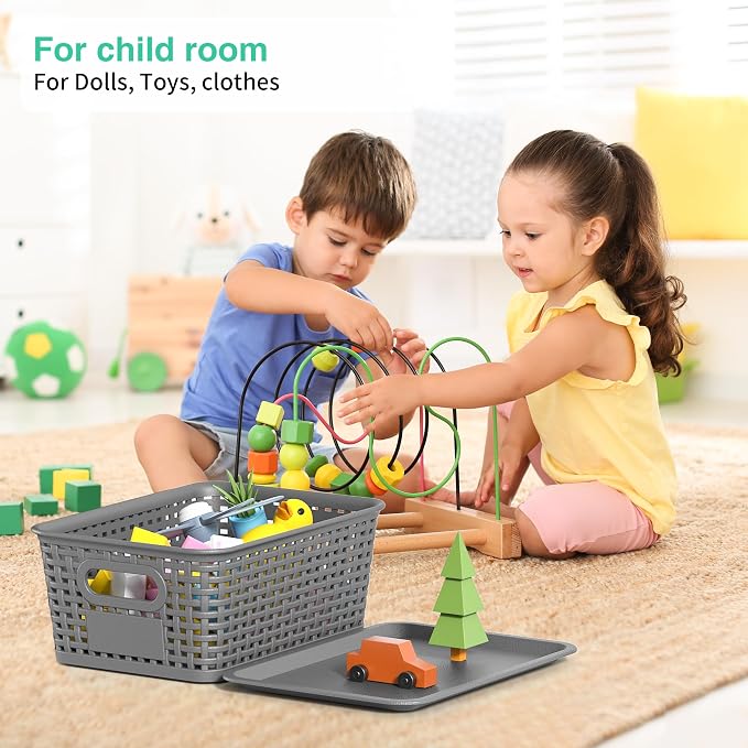 8 Pack Plastic Storage Baskets,Grey Stackable Bins with Lid | 5.3qt Storage Containers with Labels for Organizing Shelves Drawers Desktop Closet Playroom Classroom Office