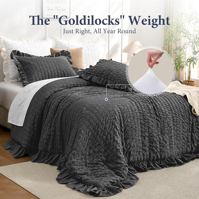 JOLLYVOGUE Black Twin/Twin XL Comforter Set, 2 Pieces Seersucker Lightweight Fluffy Bedding Set, Twin Ruffle Comforter, All Season Soft Microfiber Shabby Chic Bed Set