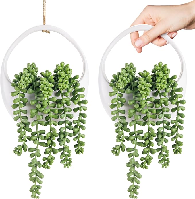 Der Rose 2 Pack Artificial Hanging Plants in White Pots for Boho Wall Decor | Mixed trailing succulent styles, included hanging strings,wall or shelf display for bathroom bedroom office decor