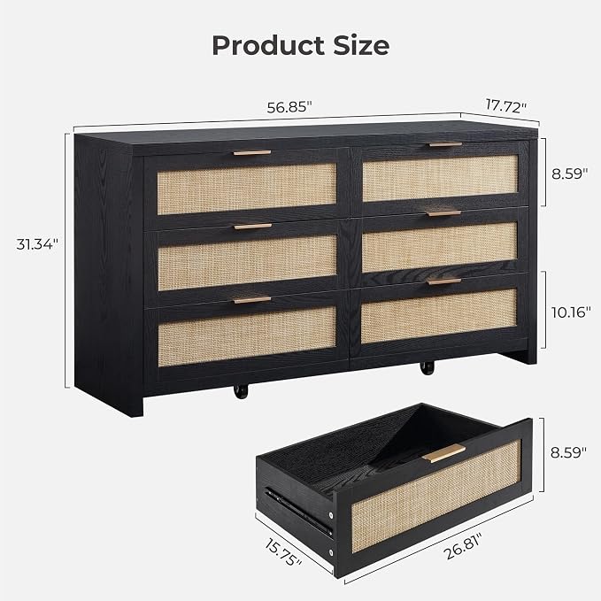 SICOATS Rattan Dressers for Bedroom Set 2, Large 6 Drawer Dresser | Long Chest of Drawers, Dresser Farmhouse TV Stand for Bedroom, Living Room, Nursery, Closet, Black Oak, 2 Pieces