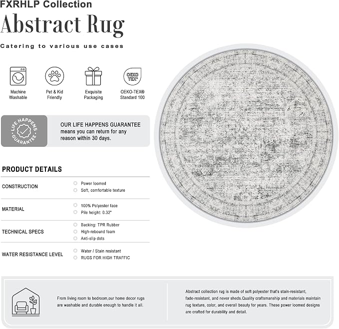 Round Area Rug Living Room: 6 ft Modern Washable Indoor Carpet | For Bedroom Dining Room Farmhouse Nursery Hallway Office,Modern Abstract,Machine washable,Non-Slip,Stain Resistant,Indoor