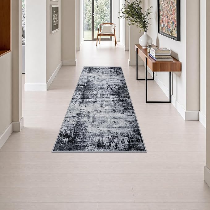 2x5 Washable Runner Rug：Modern Abstract Soft Carpet Dark Black | For Hallway, Bedroom, Kitchen, Laundry, Bathroom,Door Mat,Modern Abstract,Machine washable,Non-Slip,Stain Resistant,Indoor