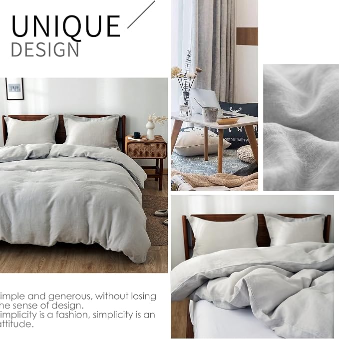 Simple&Opulence 100% Linen Duvet Cover Set 3pcs Basic Style Natural French Washed Flax Solid Color Soft Breathable Farmhouse Bedding with Button Closure - Light Grey, Full