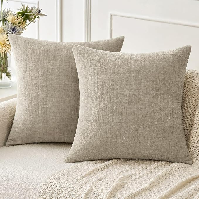 MIULEE Soft Chenille Throw Pillow Covers Light Taupe 18x18 Inch Pack of 2 | Modern Home Decor, Classic Decorative Pillows, Solid Dyed Cases, Boho Couch Cushion Covers for Sofa Bed Living Room