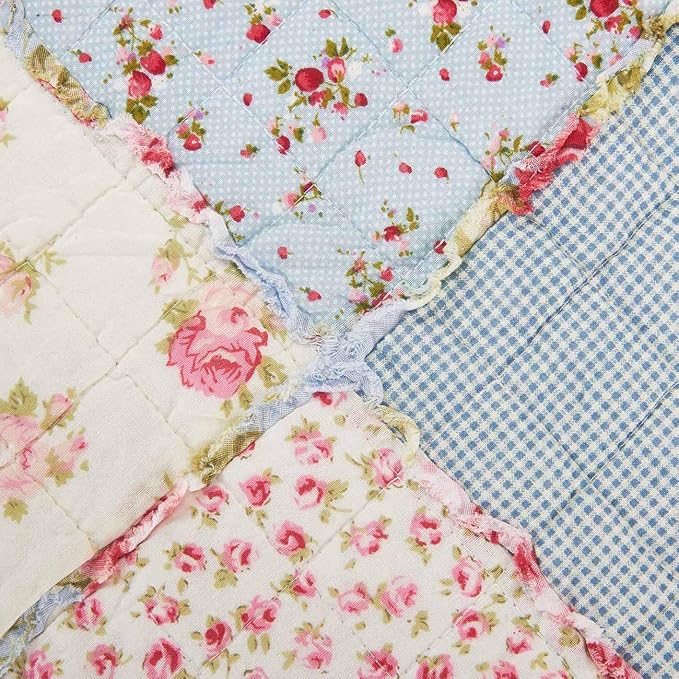 Cozyholy Original 100% Cotton Quilt Twin Size Blue Floral Patchwork Quilts, Lightweight Reversible Bedspread Quilted Throw Blanket, Vintage Shabby Chic Cottage Bedding Coverlet for Bed Couch Sofa