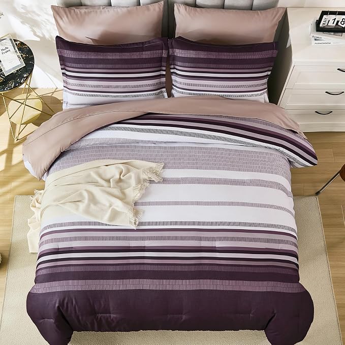 Dobuyly Purple Comforter Set Queen Size 7 Piece, Boho Striped Bed in a Bag Queen Soft Microfiber Bedding Sets with Comforter, Sheets, Pillowcases & Shams All Season