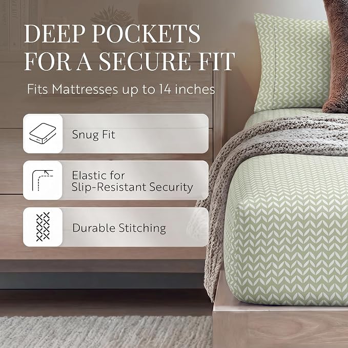 Linen Market Double-Brushed Patterned Microfiber California King Sheet Set 4 Piece – OEKO-TEX Certified Ultra Soft & Wrinkle-Free - 16" Deep Pocket Sheets Easy Care Cal-King Size - Puffed Chevron Sage