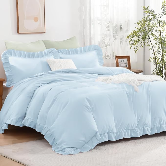 Andency Light Blue Ruffle Duvet Cover King, Shabby Chic Bedding Set | 3 Pieces Soft Washed Polyester Vintage Ruffled Comforter Cover Set with Zipper Closure & Corner Ties, 104x90Inch