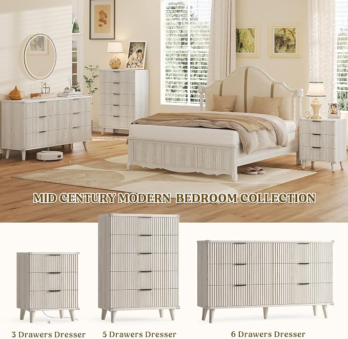 Wood Nightstands Set of 2 w/Charging Station, 3 Drawers Fluted Dresser | Grey White, Large Drawers, Metal Silent Rails, FSC Wooden, Sturdy Legs, Modern Fluted Panel, Living Room, Bedside Table