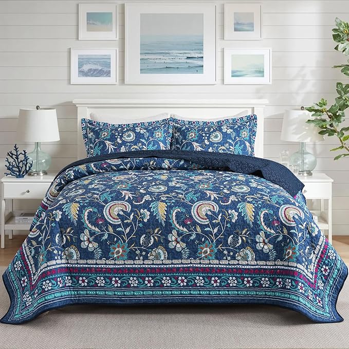 Quilt Set King Size, Bedspread Sets Blue Botanical Floral Patterns, Reversible Quilt Bedding Set Lightweight and Breathable for All Seasons, Soft Quilted Bedspread with 2 Pillow Shams