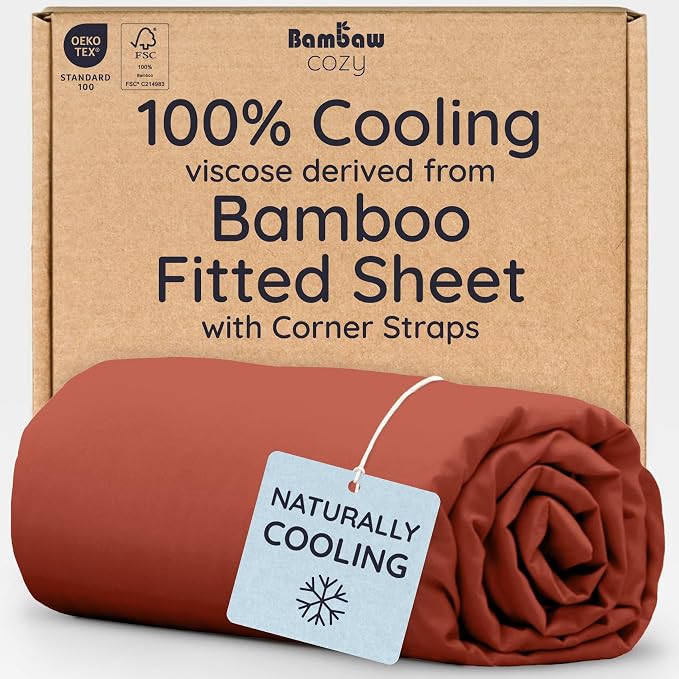 Bambaw 100% Viscose Derived from Bamboo Full Fitted Sheet Size, 15’’ Deep Pocket Full Fitted Sheets Only with Corner Straps, Cooling & Breathable (Terracotta)