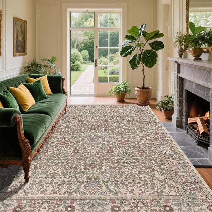 Vintage Moss Living Room Rug, 6x9 Washable Area Rugs for Dining Room Under Table, Soft Low Pile Large Carpet Bedroom, Non-Slip Boho Floral (6 x 9 Moss)